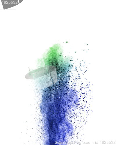 Image of Abstract multicolored vertical powder explosion on a white background.