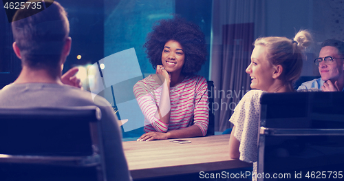 Image of Multiethnic startup business team in night office