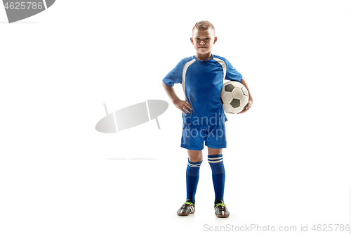 Image of Young fit boy with soccer ball standing isolated on white