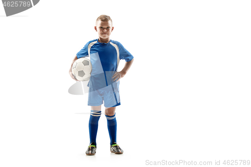 Image of Young fit boy with soccer ball standing isolated on white