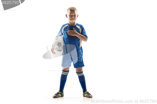 Image of Young fit boy with soccer ball standing isolated on white