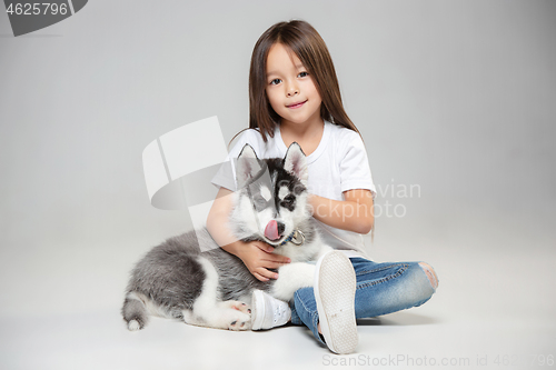 Image of Portrait of a joyful little girl having fun with siberian husky puppy on the floor at studio