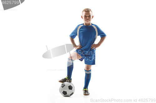 Image of Young fit boy with soccer ball standing isolated on white