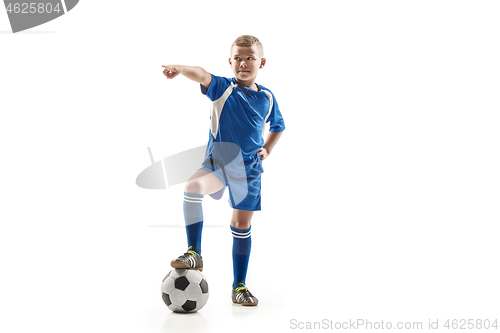 Image of Young fit boy with soccer ball standing isolated on white