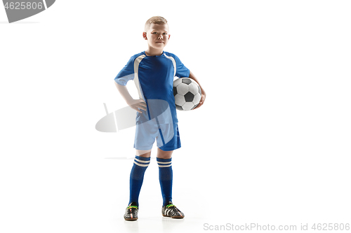 Image of Young fit boy with soccer ball standing isolated on white