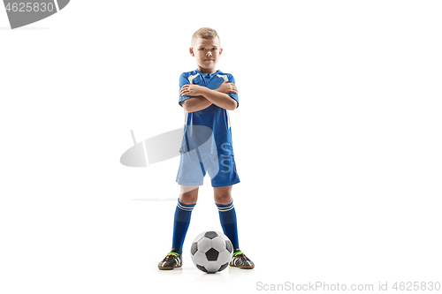 Image of Young fit boy with soccer ball standing isolated on white