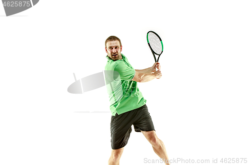 Image of one caucasian man playing tennis player isolated on white background