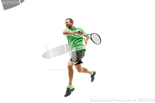 Image of one caucasian man playing tennis player isolated on white background