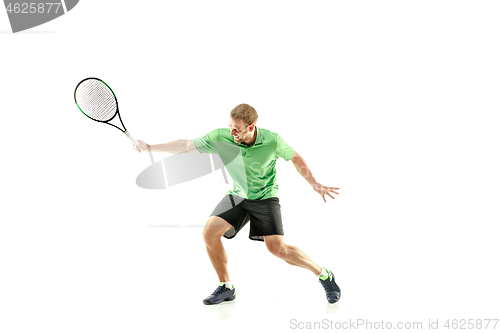 Image of one caucasian man playing tennis player isolated on white background