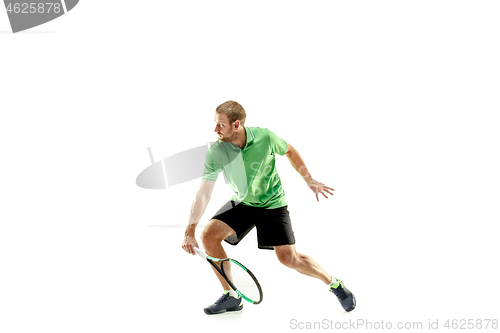 Image of one caucasian man playing tennis player isolated on white background