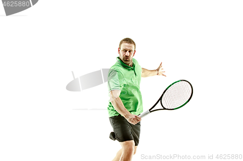 Image of one caucasian man playing tennis player isolated on white background