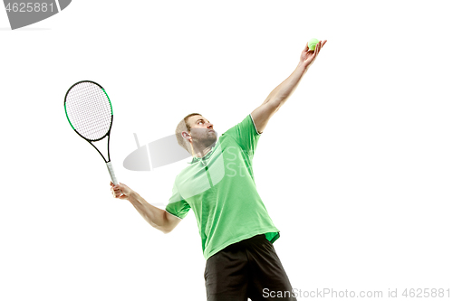 Image of one caucasian man playing tennis player isolated on white background