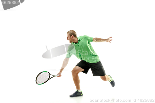 Image of one caucasian man playing tennis player isolated on white background