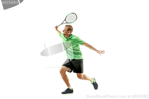 Image of one caucasian man playing tennis player isolated on white background