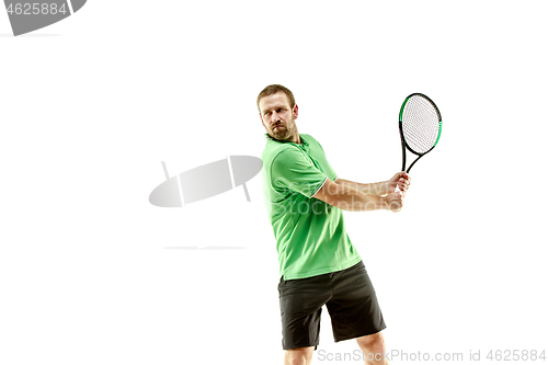 Image of one caucasian man playing tennis player isolated on white background