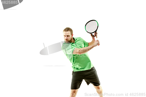 Image of one caucasian man playing tennis player isolated on white background