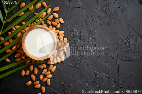 Image of Amond seeds with bowl of fresh natural milk placed on black stone background