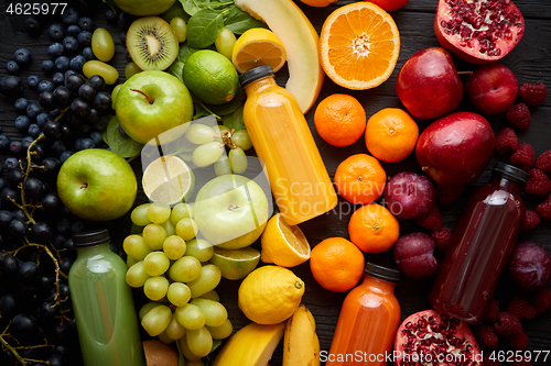 Image of Healthy food concept. Various mixed fruits, vegetables and juices formed in rainbow