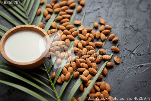 Image of Amond seeds with bowl of fresh natural milk placed on black stone background