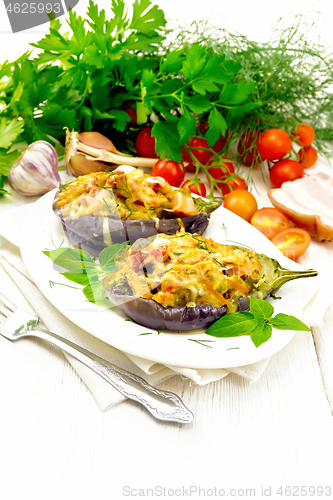 Image of Eggplant stuffed smoked brisket in plate on light board