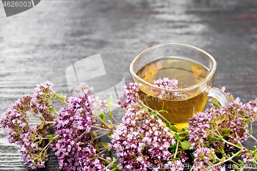 Image of Tea of oregano in glass cup on dark board