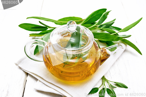 Image of Tea herbal with sage in teapot on board