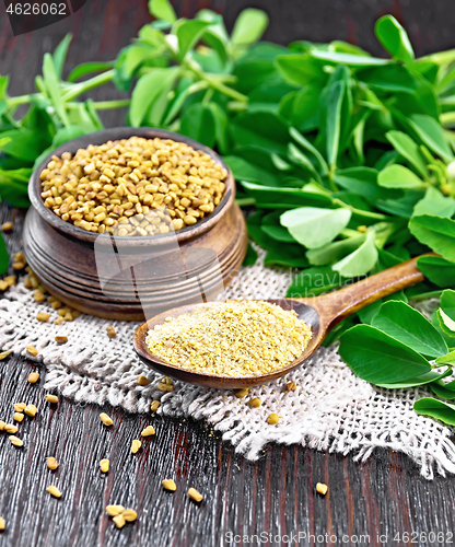 Image of Fenugreek in spoon and bowl with green leaves on burlap