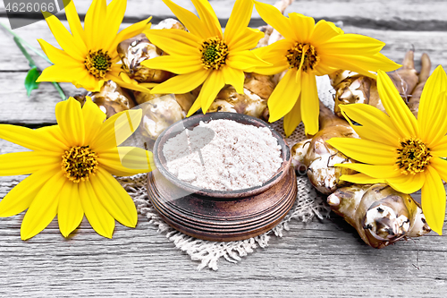 Image of Flour of Jerusalem artichoke in bowl on burlap