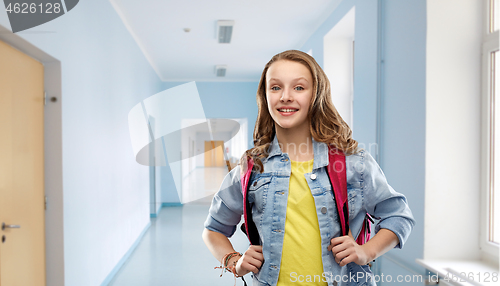 Image of happy smiling teenage student girl with school bag