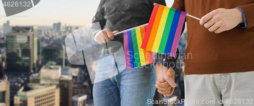 Image of male couple with gay pride flags holding hands