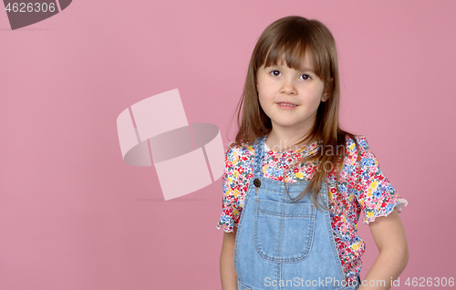 Image of Sweet little girl 6-7 years old posing in dungarees jeans and flower pattern blouse on pink