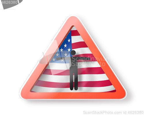 Image of Warning sign with black man\'s figure on the American flag.