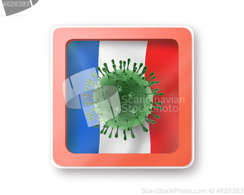 Image of Warning sign with bacteria of Coronavirus on the French flag.