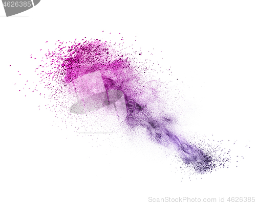 Image of Explosion of purple colored powder or dust on a white background.