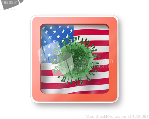 Image of Warning sign with molecula of Coronavirus on the American flag.