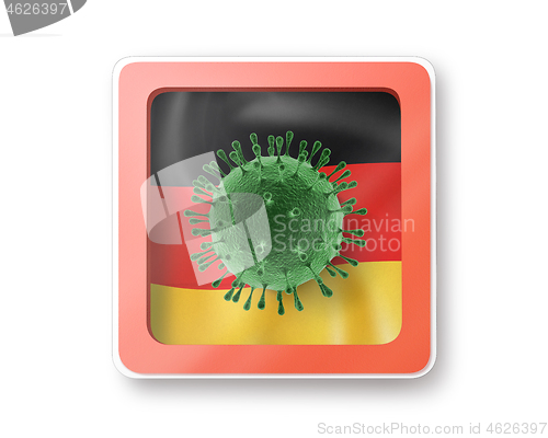 Image of Warning sign with bacteria of Coronavirus on the German flag.