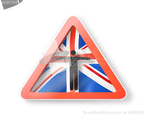 Image of Warning sign with man\'s figure on the British flag.