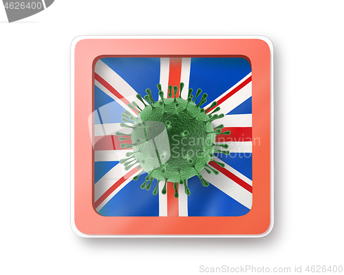 Image of Warning sign with bacteria of Coronavirus on the British flag.