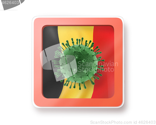 Image of Warning sign with Bacteria of Coronavirus on the Belgian flag.