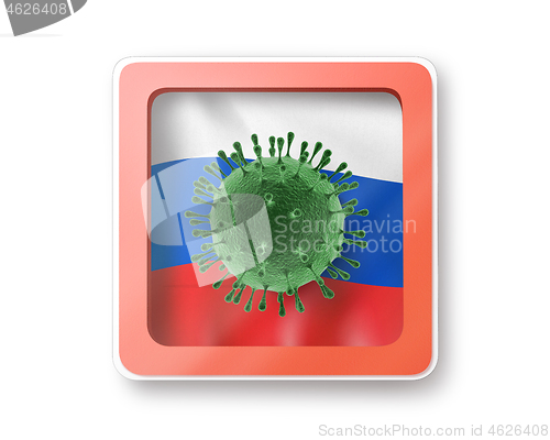 Image of Warning sign with bacteria of Coronavirus on the Russian flag.