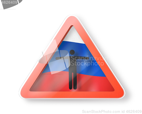 Image of Warning sign with white man\'s figure on the Russian flag.