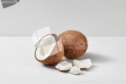 Image of Composition from parts of fresh ripe natural coconuts fruits on a grey background.