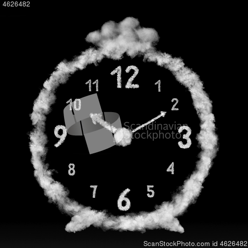 Image of The alarm clock made from white clouds on a black background.