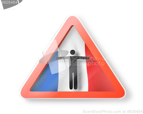 Image of Warning sign with man\'s figure on the French flag.