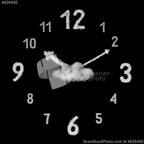 Image of Creative clock made from white clouds on a black background.