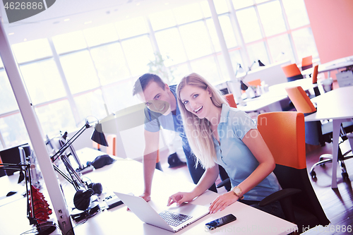 Image of Group of young people employee workers with computer