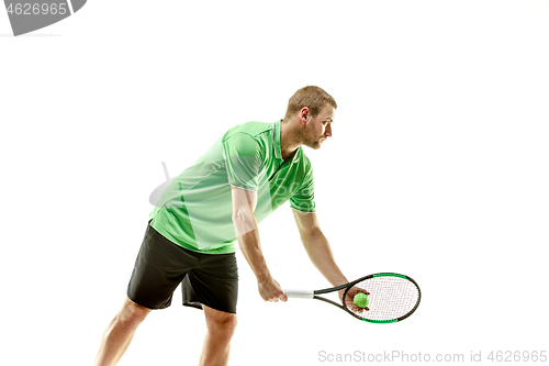 Image of one caucasian man playing tennis player isolated on white background