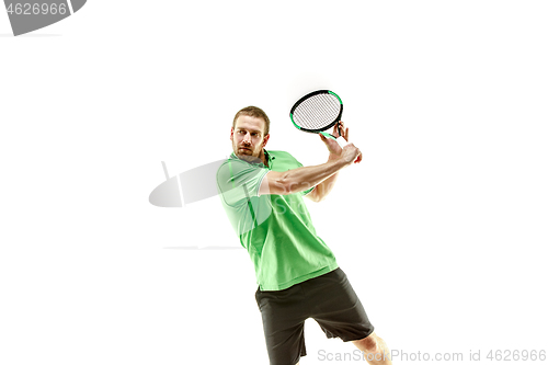 Image of one caucasian man playing tennis player isolated on white background