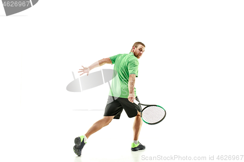 Image of one caucasian man playing tennis player isolated on white background