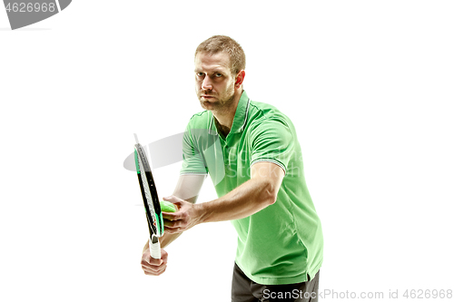 Image of one caucasian man playing tennis player isolated on white background